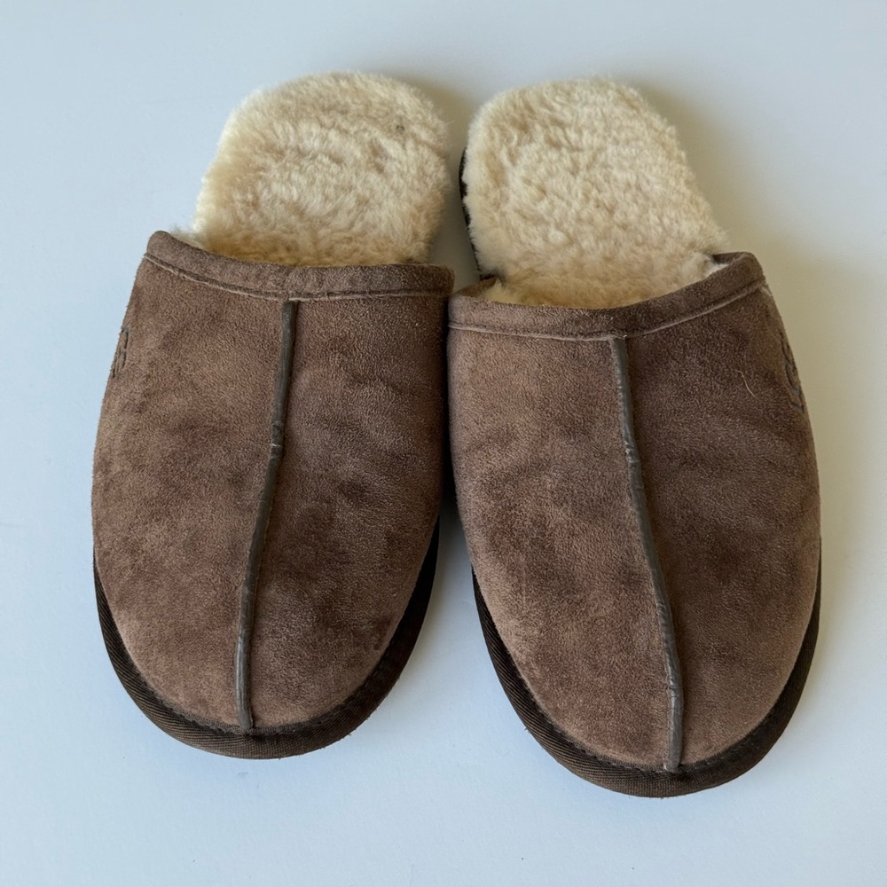 UGG Men's Dark Brown Suede Loafers with Cream Shearling Lining